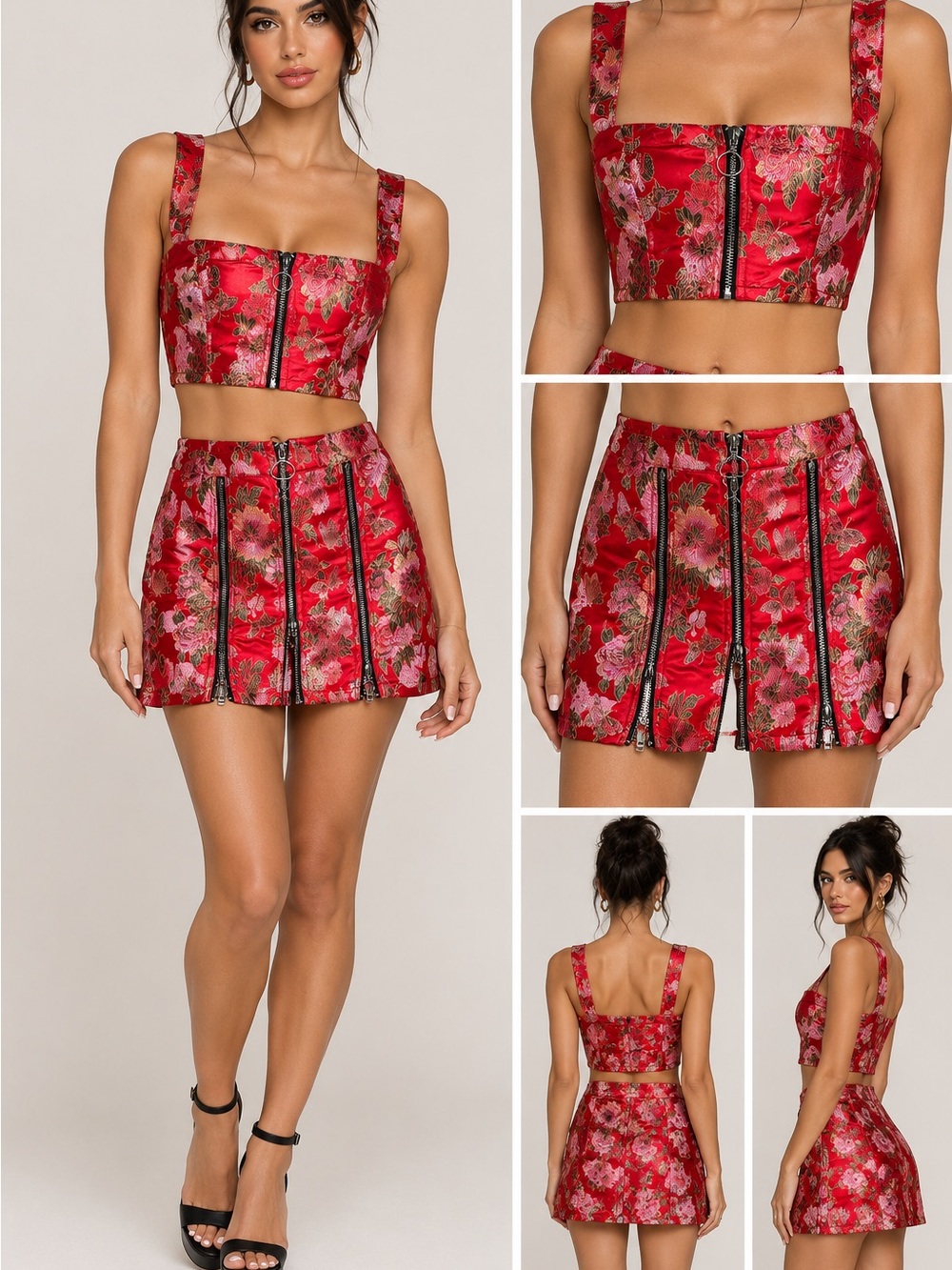 Current Mood Dolls Kill Brocade Floral Butterfly crop top & mini skirt set